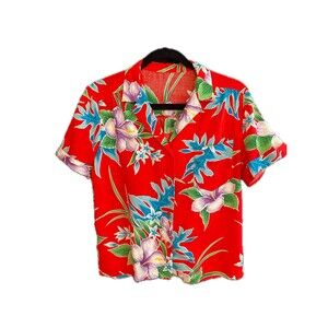 Handmade 1970s Cropped Hawaiian Blouse: Vintage Red Pleated Top